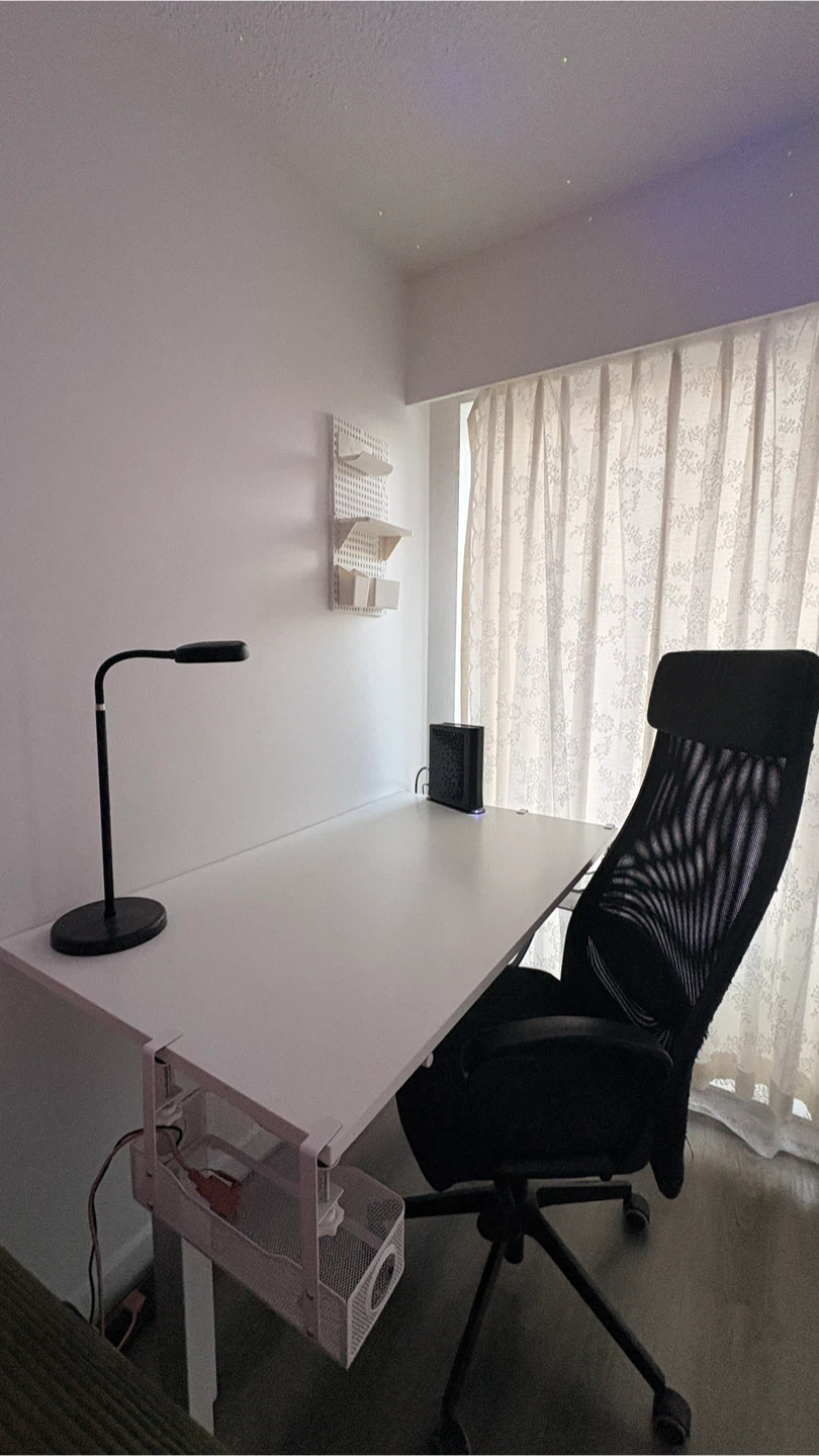 White Standing Desk + Chair + Cord Organizer