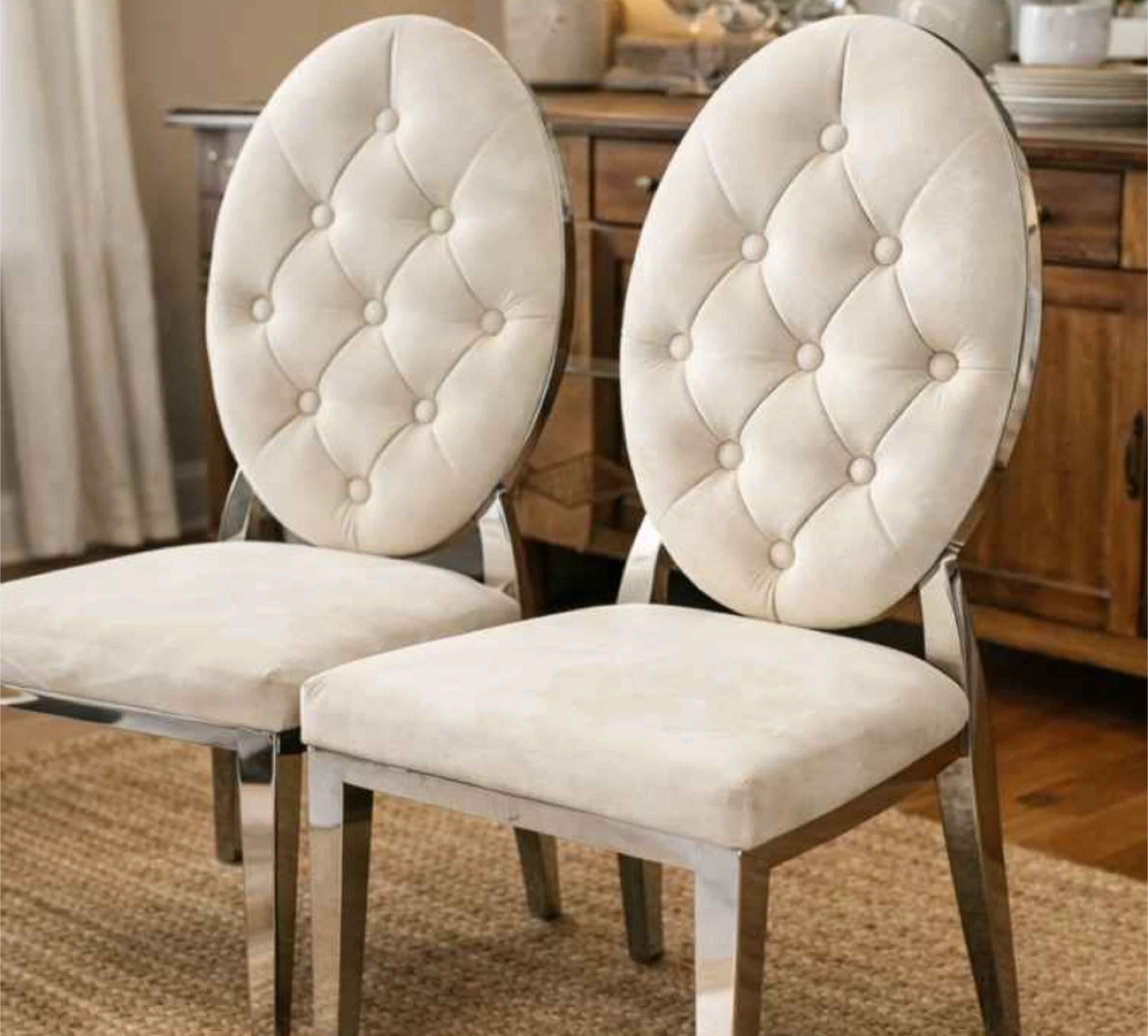 Set of 2 Cream Tufted Oval Back Dining Chairs - photo 2