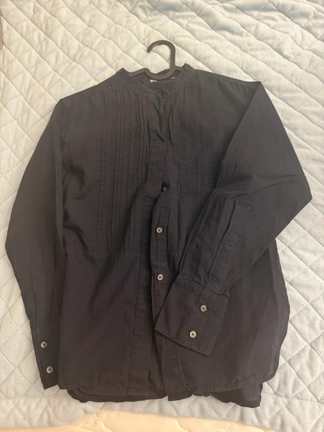 Uniqlo Black Pintuck Collarless Shirt