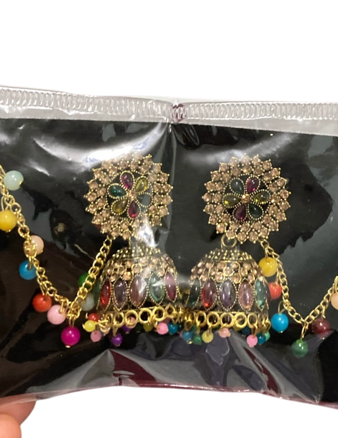 Gold Tone Jhumka Earrings with Multicolored Beads