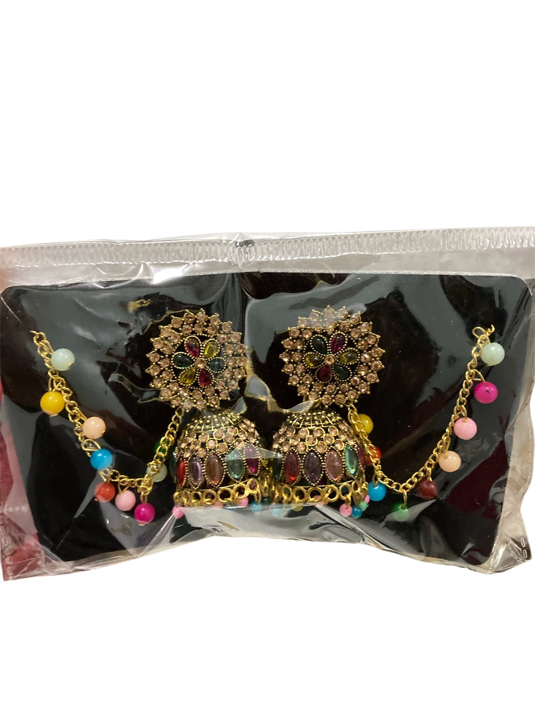 Gold Tone Jhumka Earrings with Multicolored Beads - photo 2