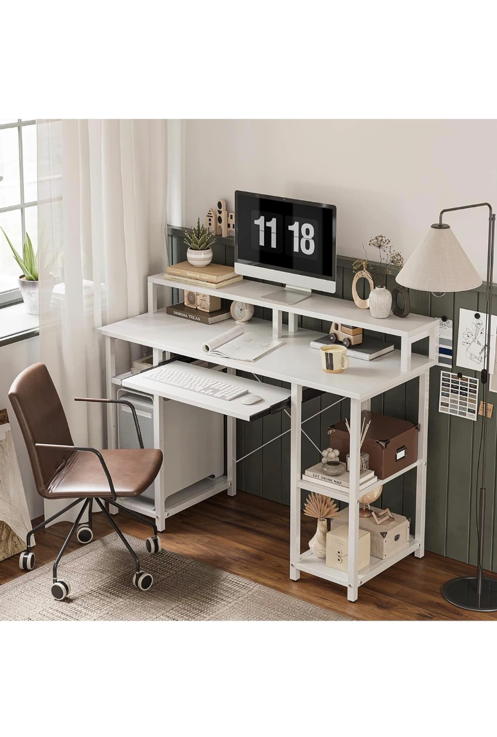 White computer desk with shelves and chair