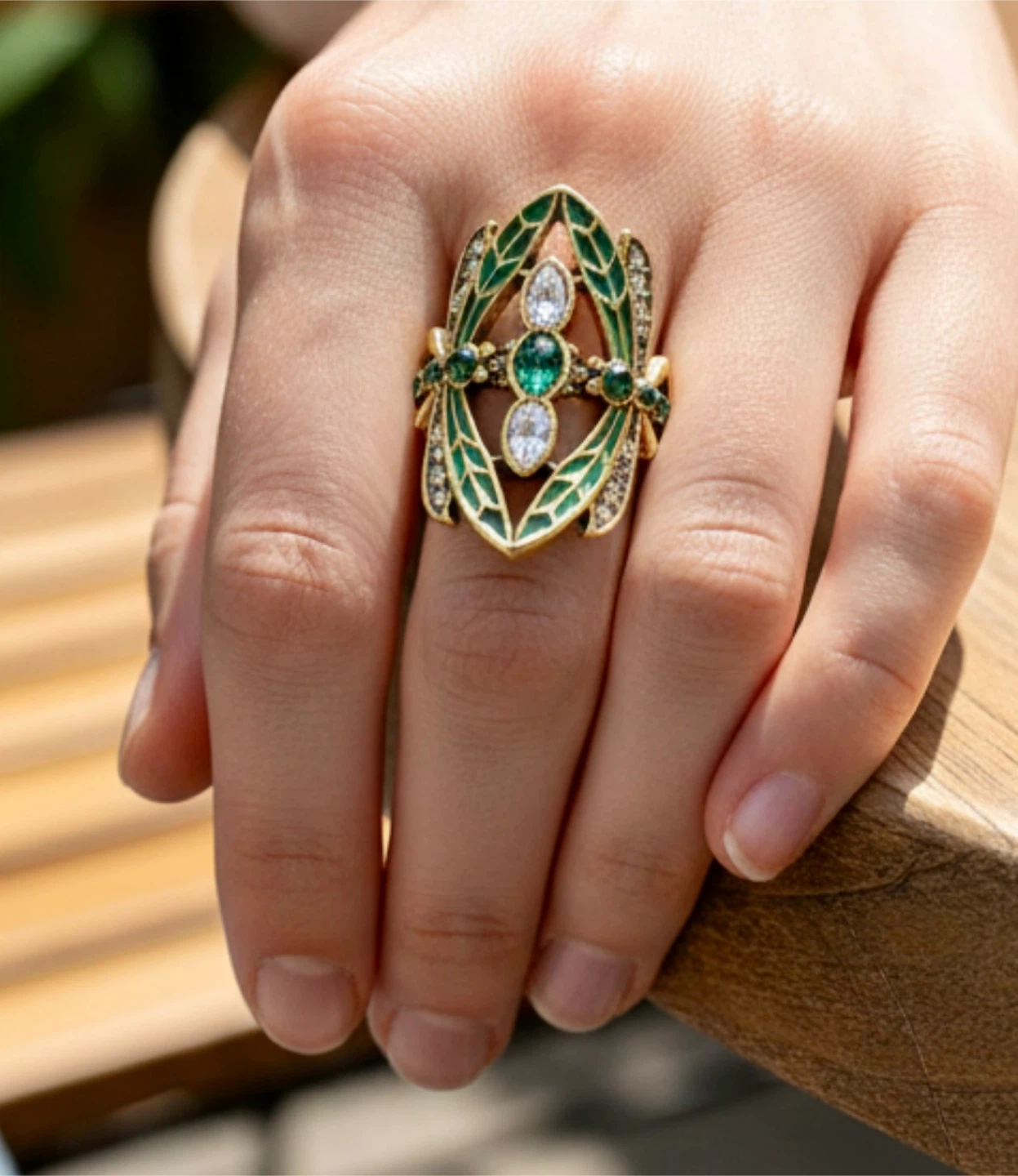 Vintage Inspired Gold Tone Green Enamel Leaf Ring - photo 3