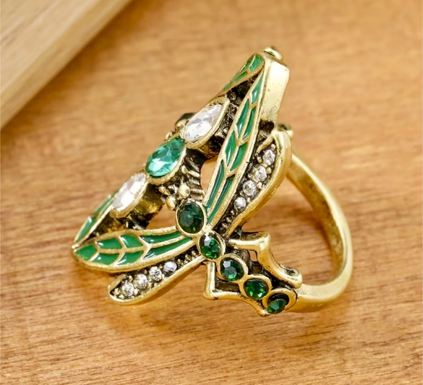 Vintage Inspired Gold Tone Green Enamel Leaf Ring - photo 4