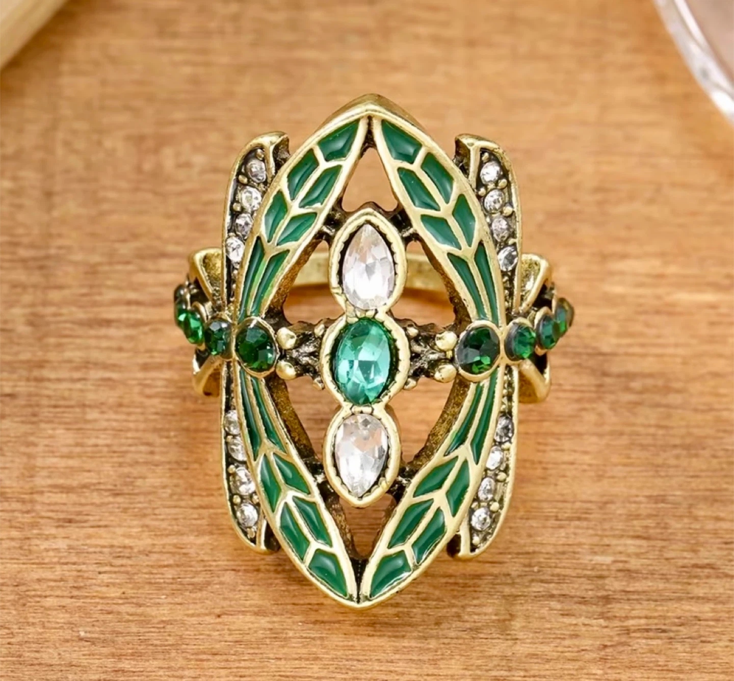 Vintage Inspired Gold Tone Green Enamel Leaf Ring