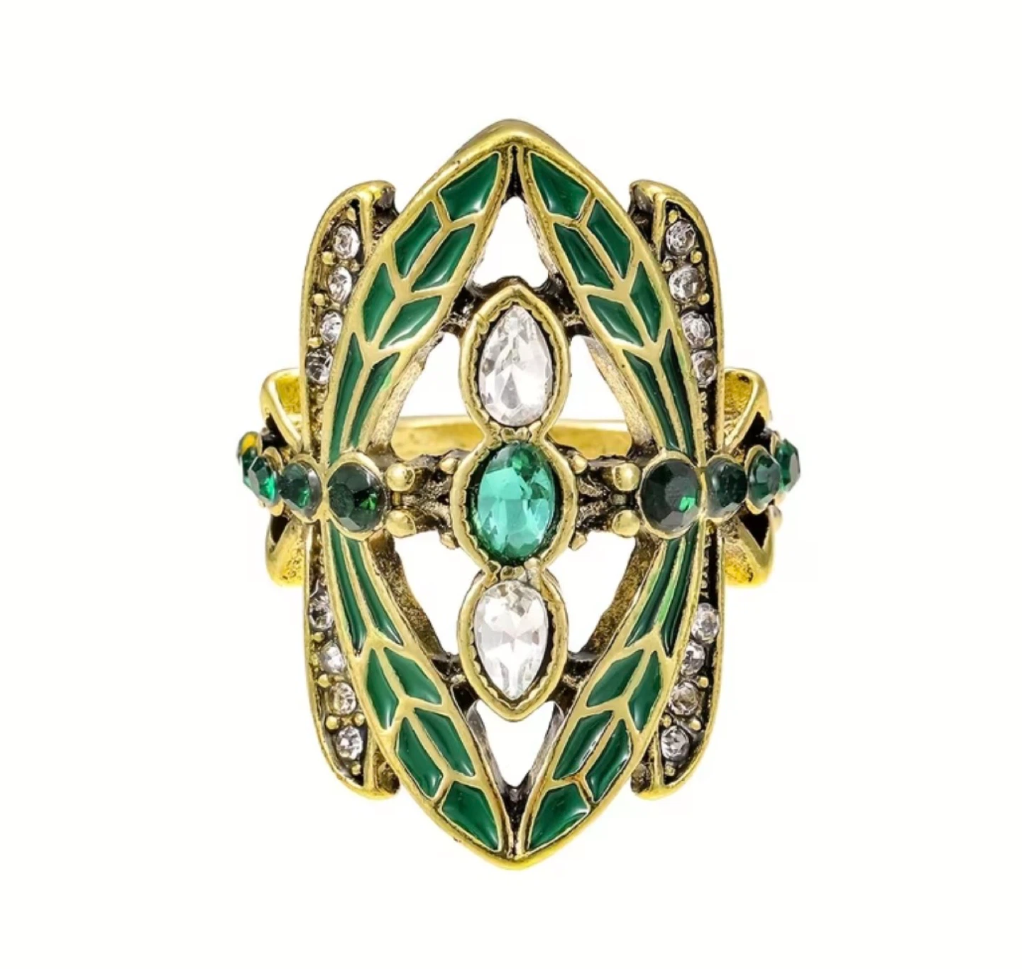 Vintage Inspired Gold Tone Green Enamel Leaf Ring - photo 5