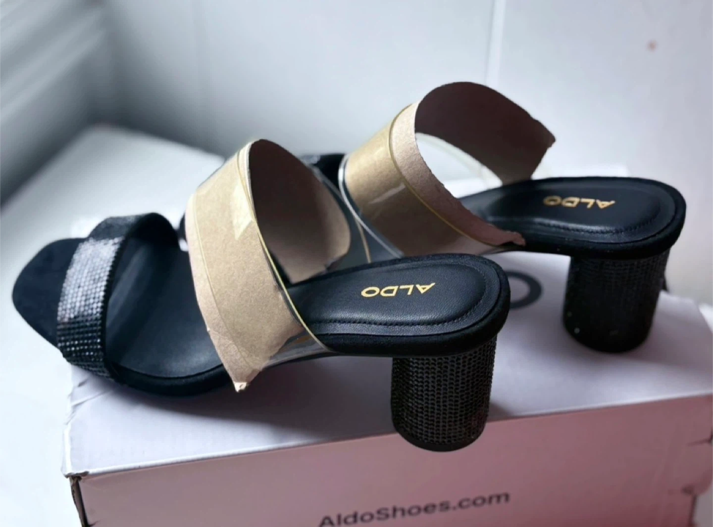 ALDO Black Mules with Rhinestone Strap and Clear Band - photo 3