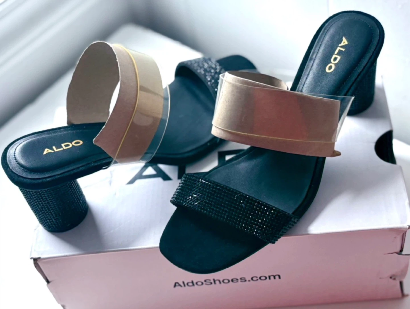 ALDO Black Mules with Rhinestone Strap and Clear Band - photo 2