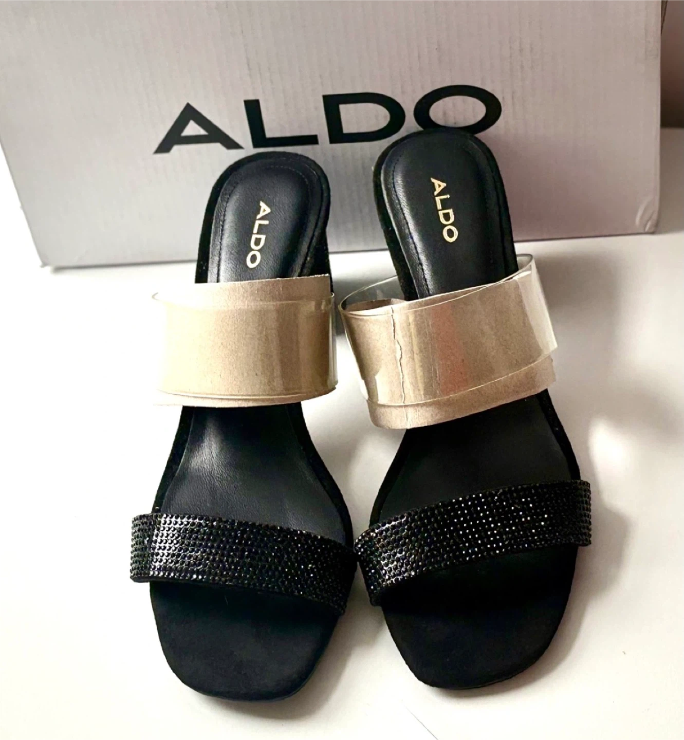 ALDO Black Mules with Rhinestone Strap and Clear Band - photo 4