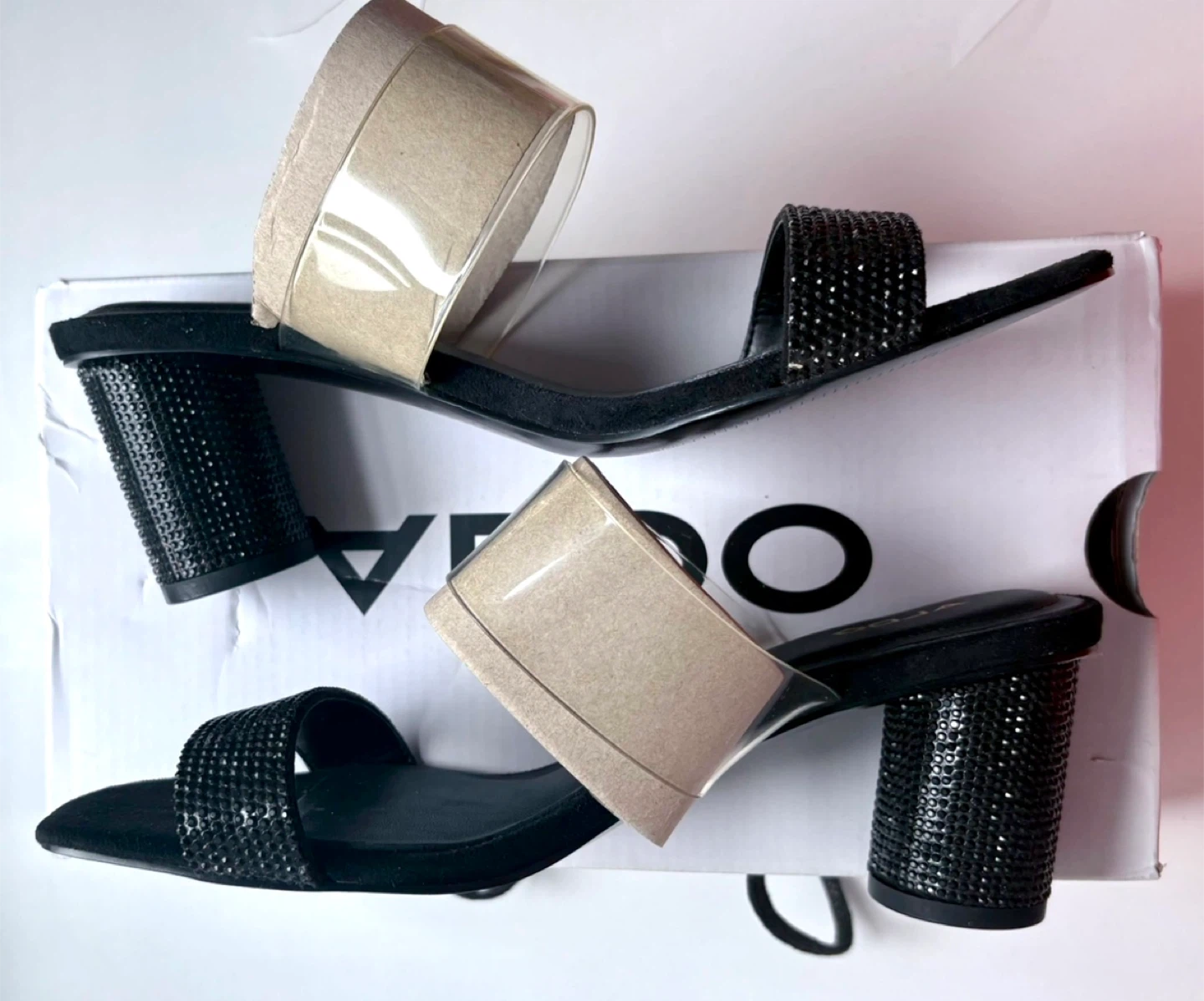 ALDO Black Mules with Rhinestone Strap and Clear Band