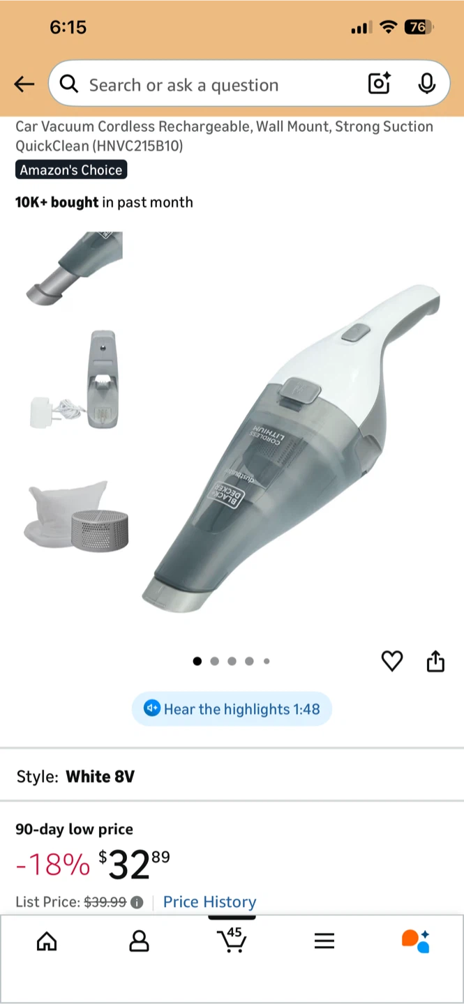 Black & Decker Cordless Car Vacuum QuickClean 8V
