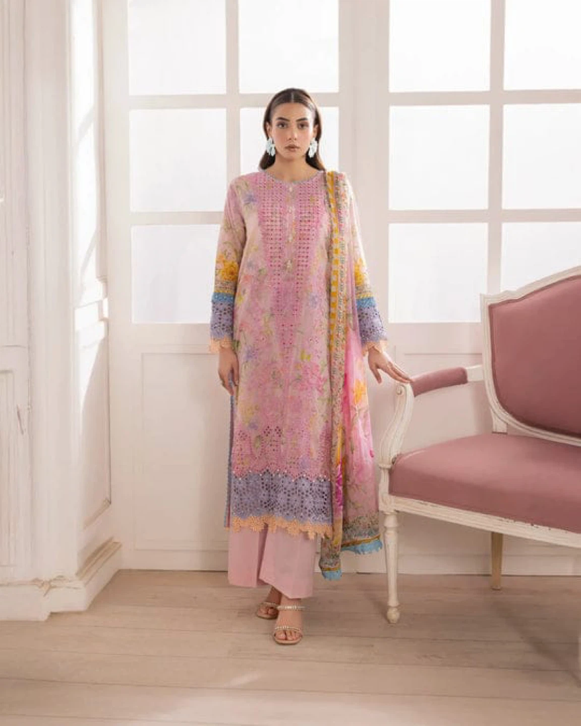 Women's Pink Floral Embroidered 3-Piece Lawn Suit