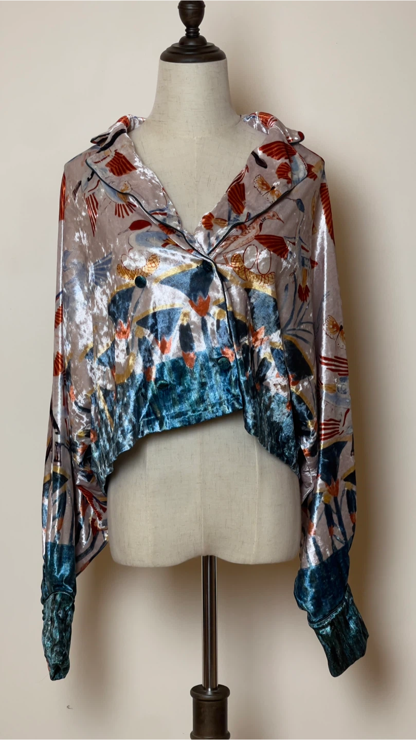Velvet Burnout Print Button-Up Blouse