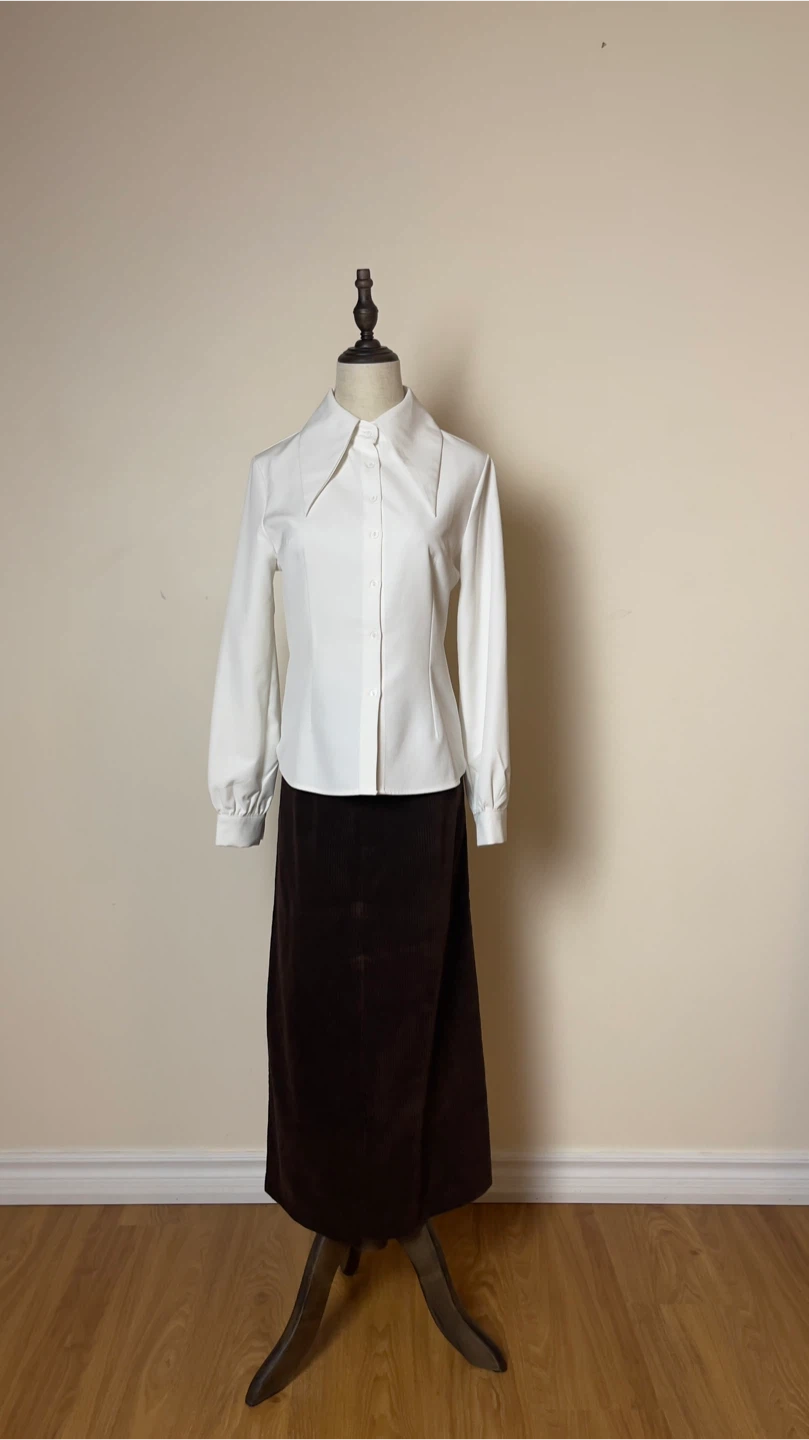 White Button-Up Blouse and brown skirt