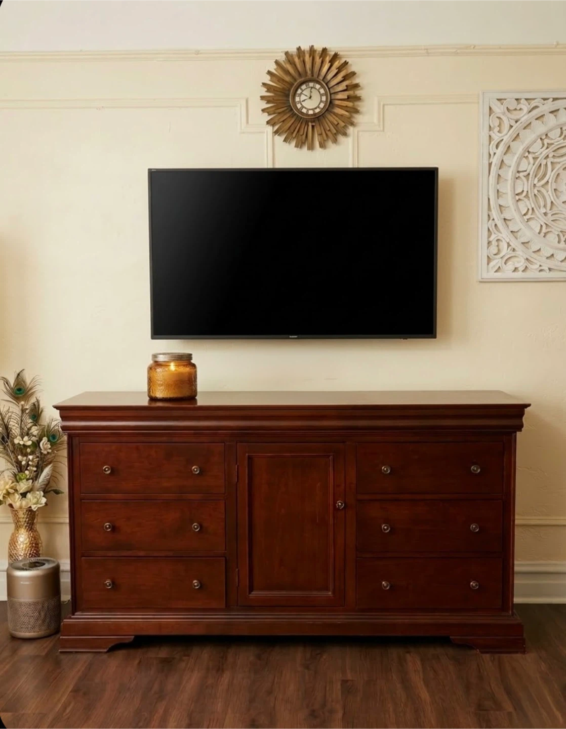 Dark Wood Dresser with Drawers and Cabinet