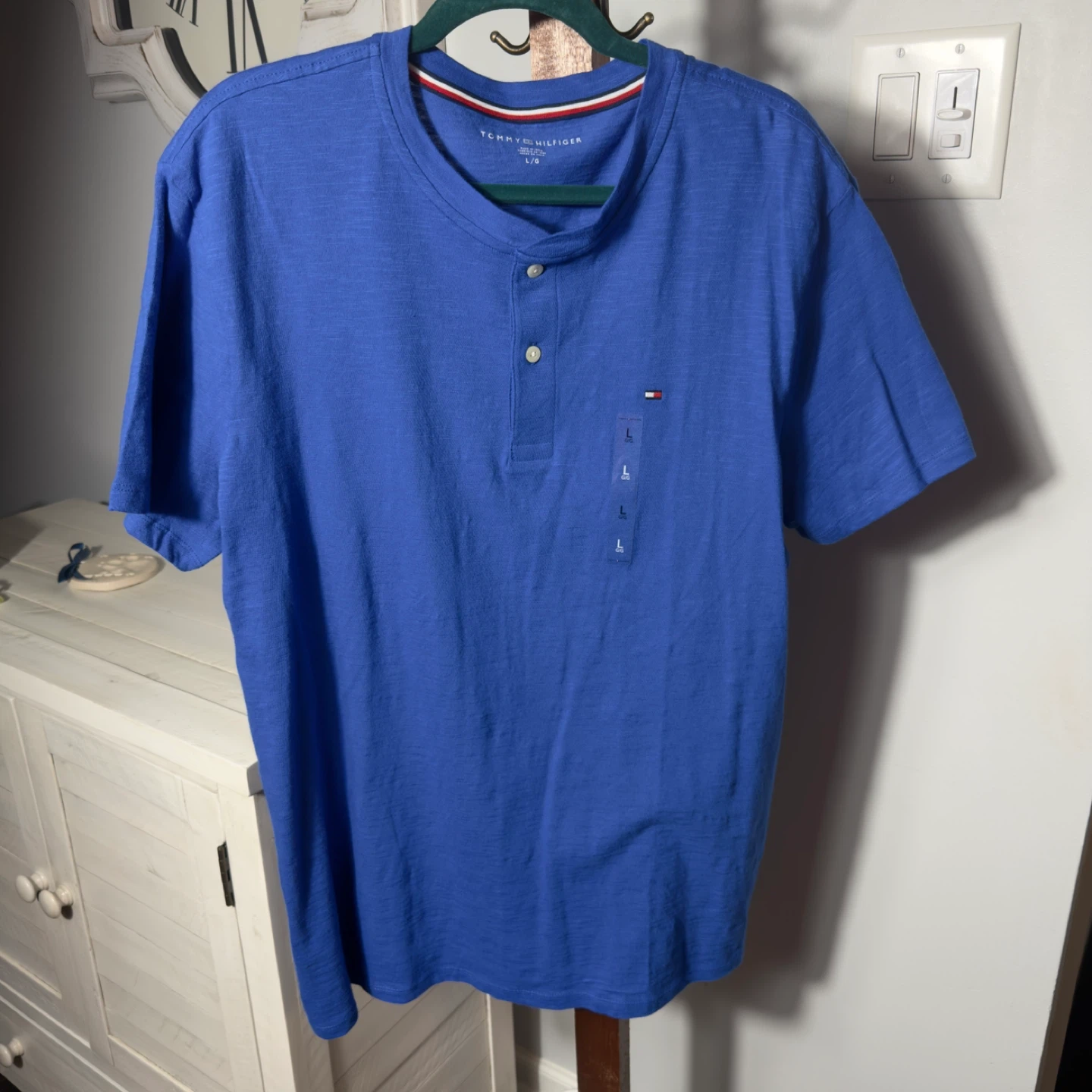 Tommy Hilfiger Men's Blue Cotton Henley Shirt - Size Large