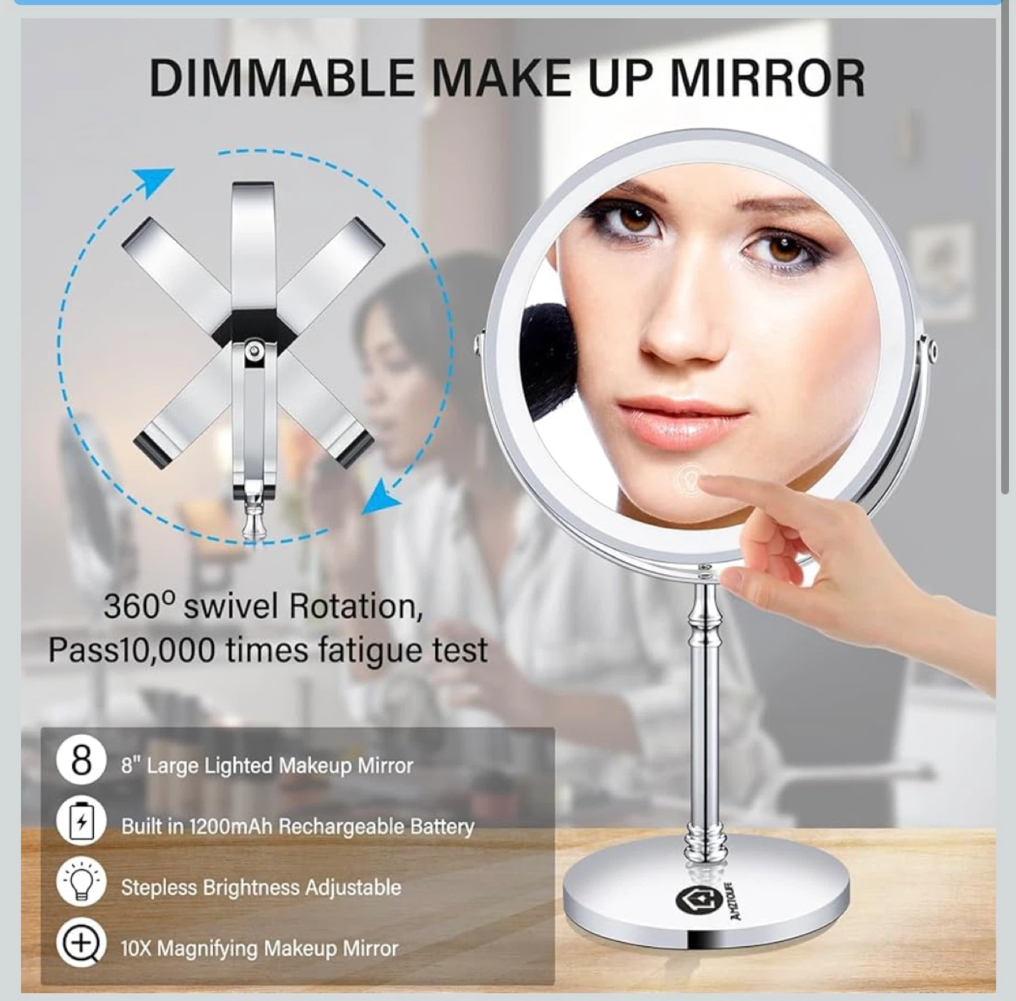 8" Lighted Makeup Mirror, Cordless, Rechargeable. - photo 2