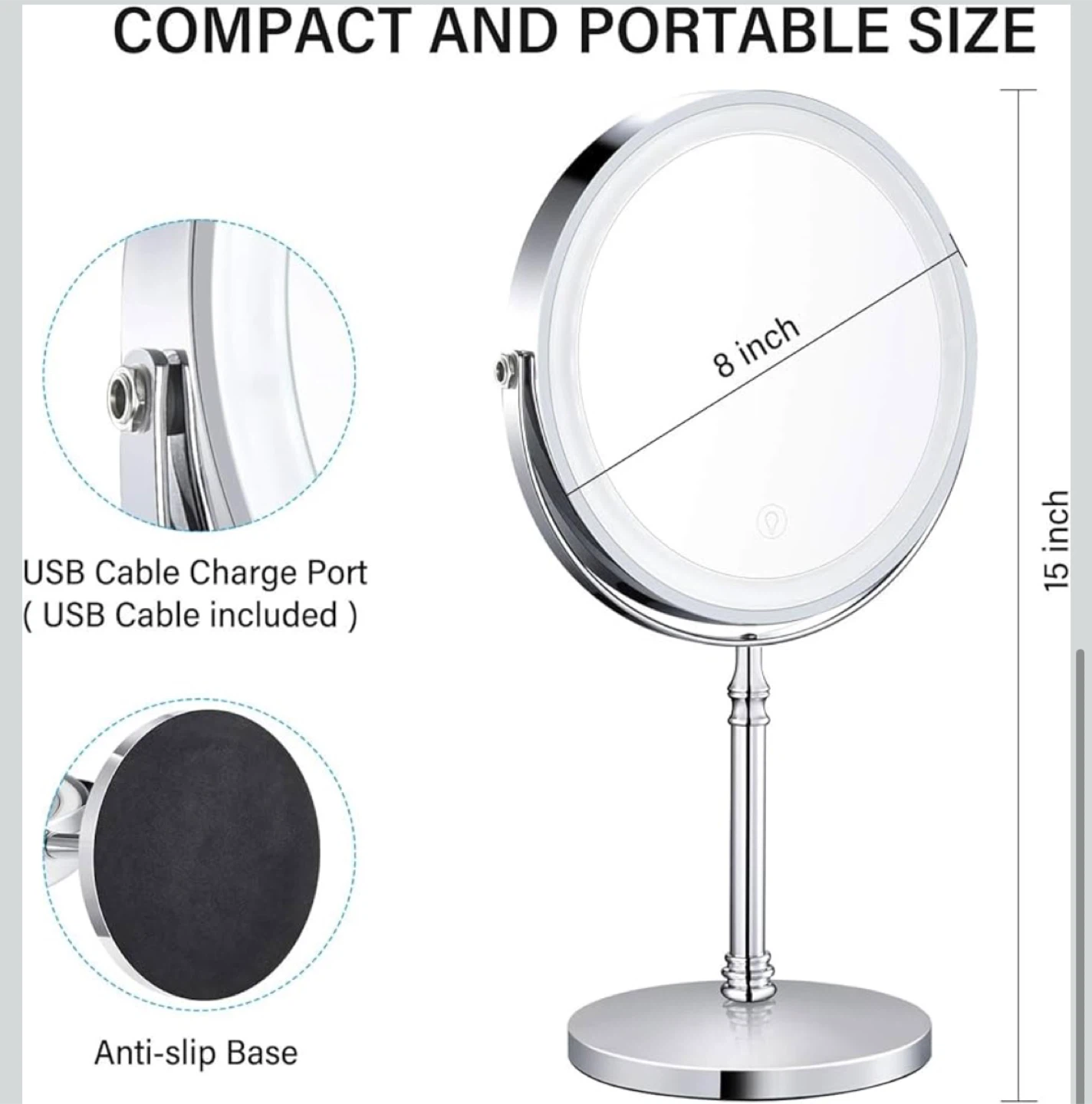 8" Lighted Makeup Mirror, Cordless, Rechargeable. - photo 4