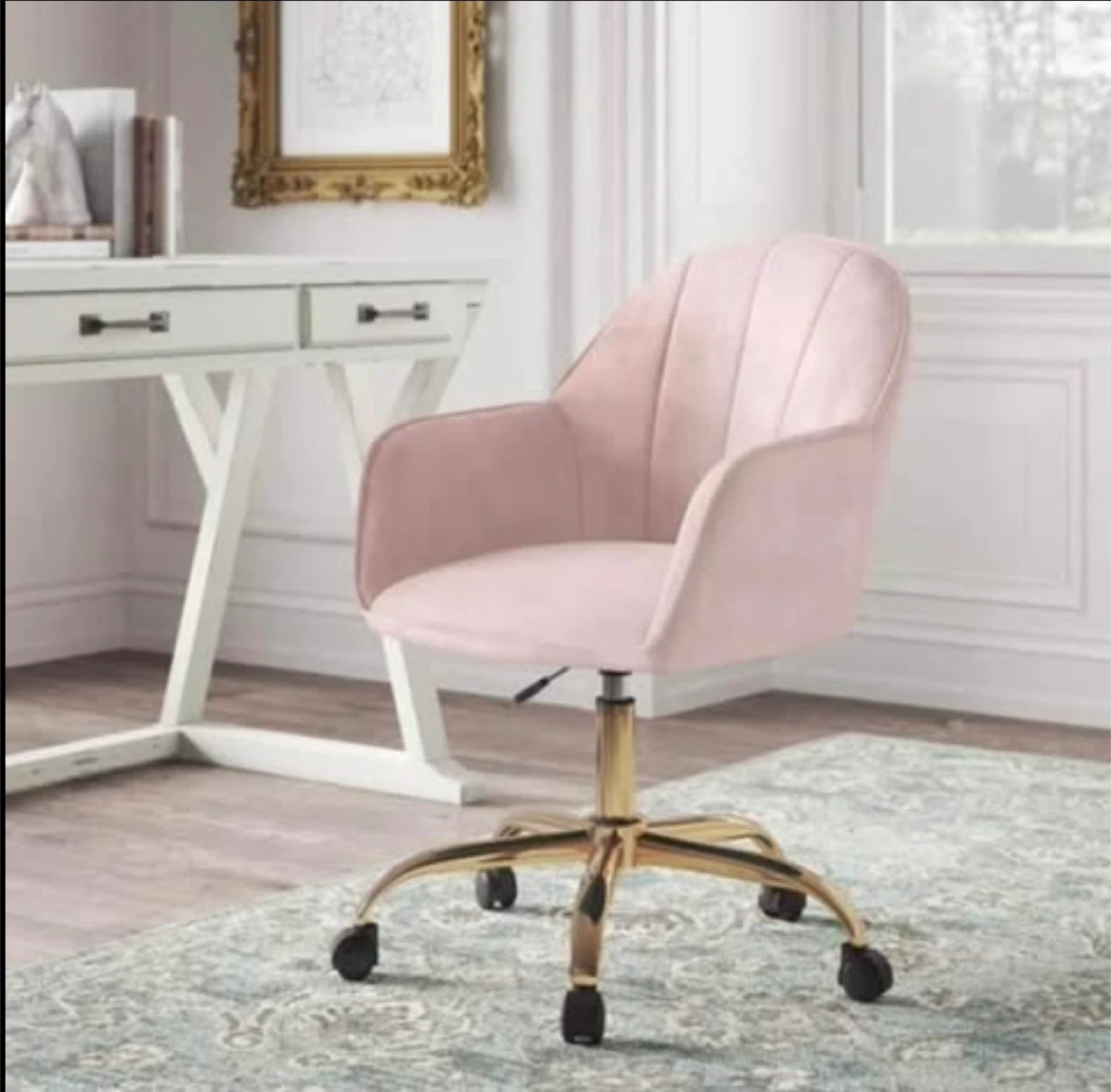 Pink Velvet Office Chair with Gold Base