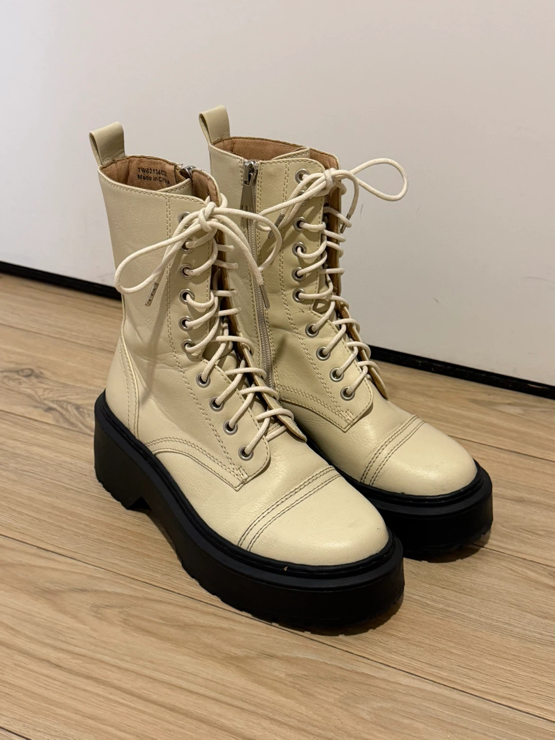Cream Lace-Up Platform Boots