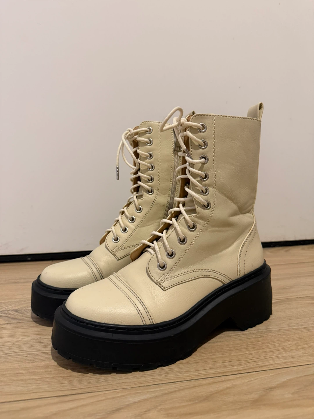 Cream Lace-Up Platform Boots - photo 4