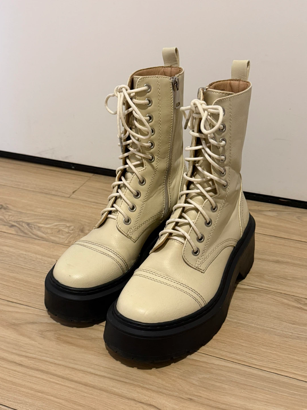 Cream Lace-Up Platform Boots - photo 3