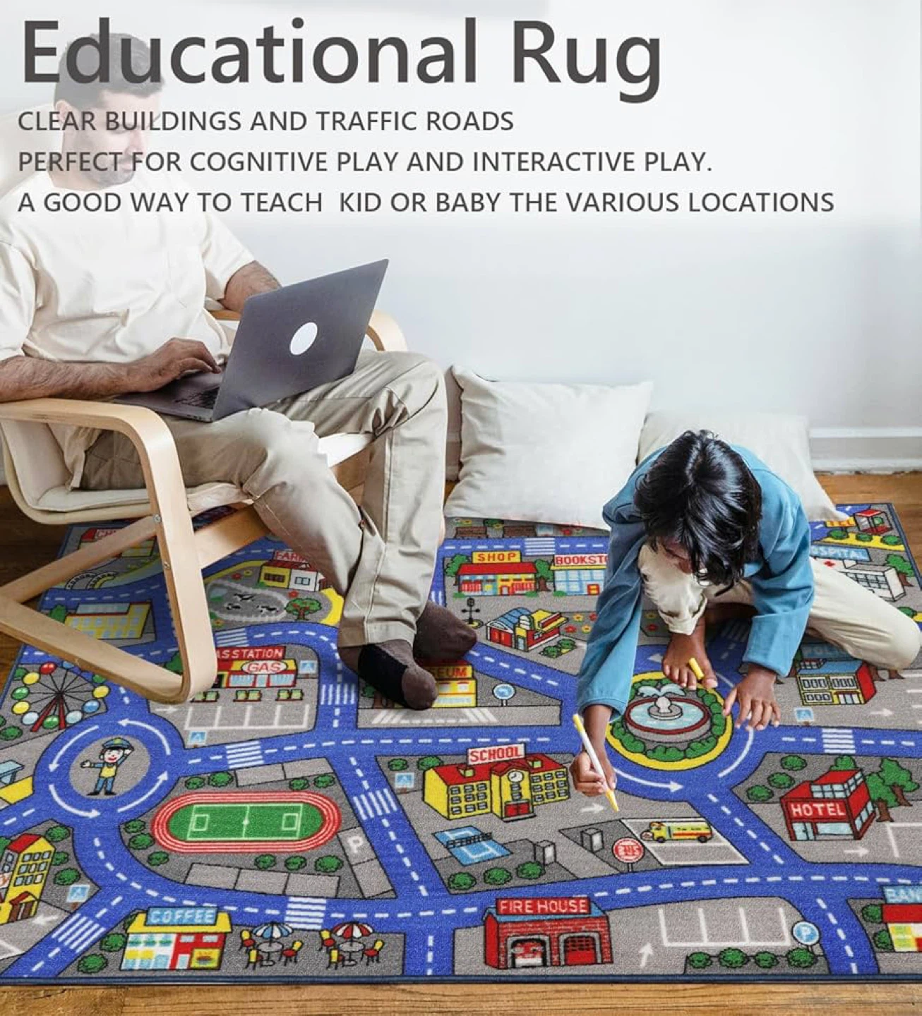 Kids Rug 3'3" x 5'2" City Life Playmat Area Rug Washable - photo 3