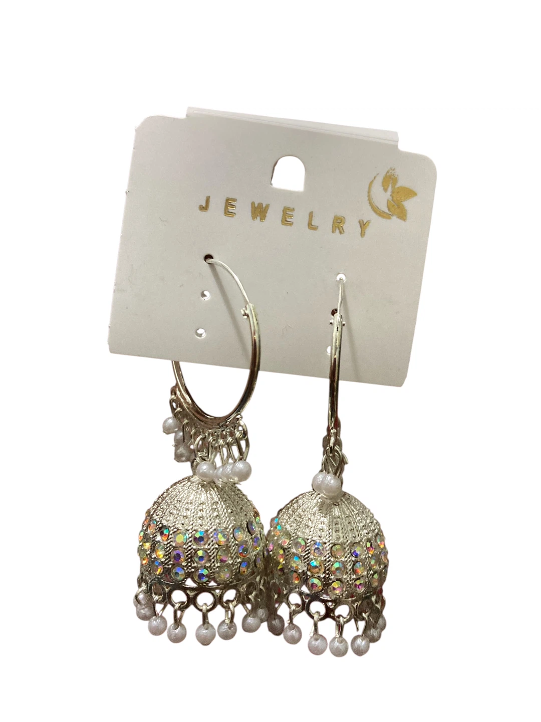 Silver Jhumka Earrings with Rhinestones and Pearls