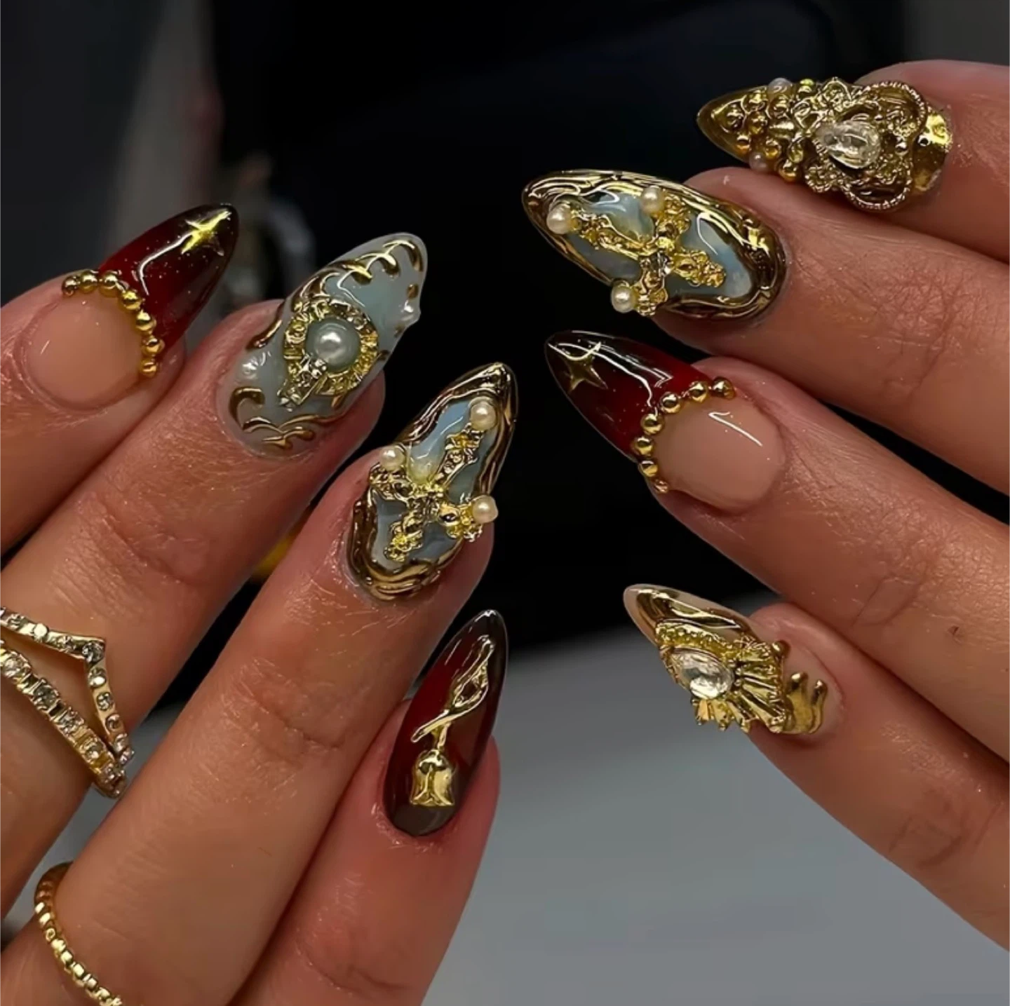 Gilded French Tip Nail Charms with Pearls and Gems