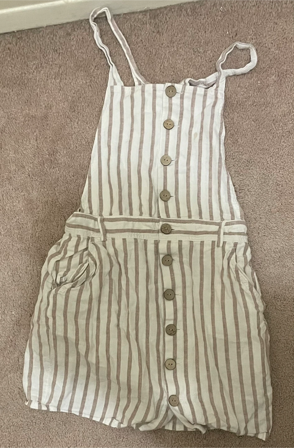 Striped Linen-Blend Pinafore Overall Dress - Tan/White