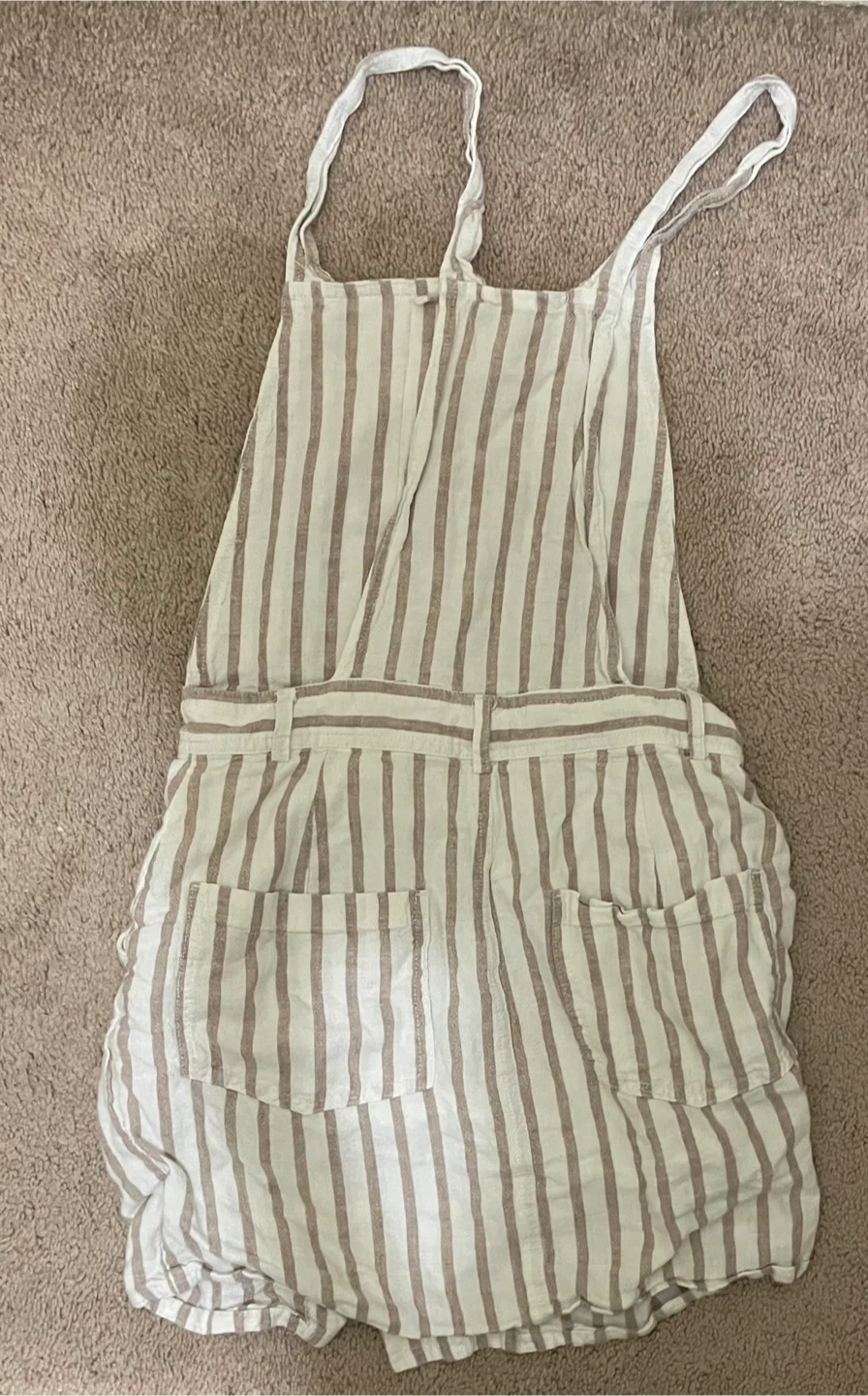 Striped Linen-Blend Pinafore Overall Dress - Tan/White - photo 2