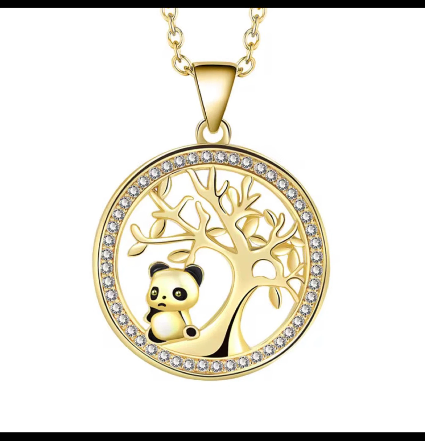 Gold Tone Panda Tree Necklace with Rhinestones - photo 3