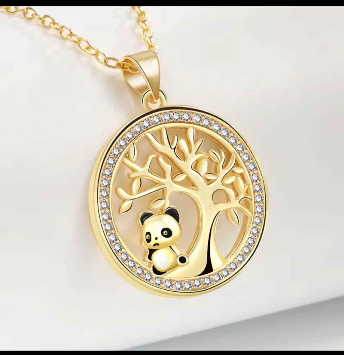 Gold Tone Panda Tree Necklace with Rhinestones