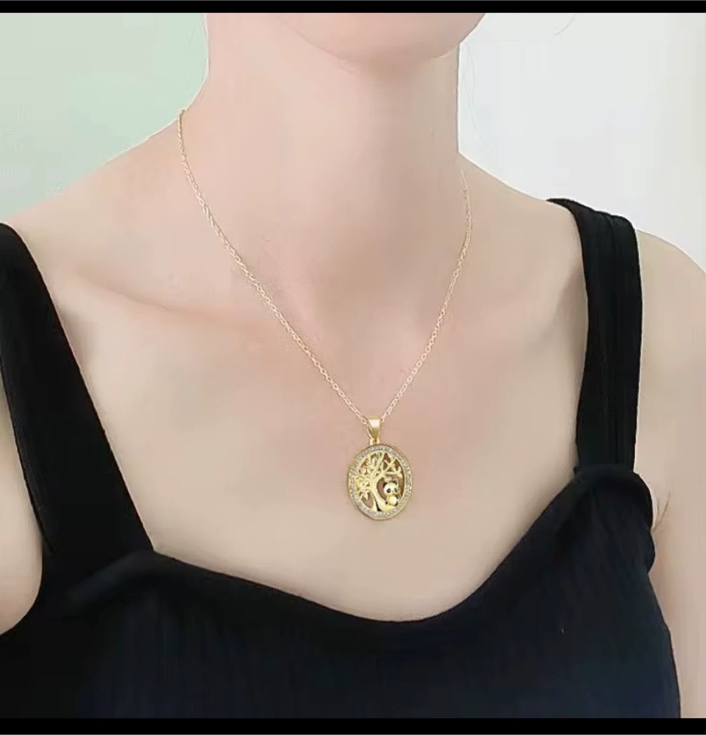 Gold Tone Panda Tree Necklace with Rhinestones - photo 2