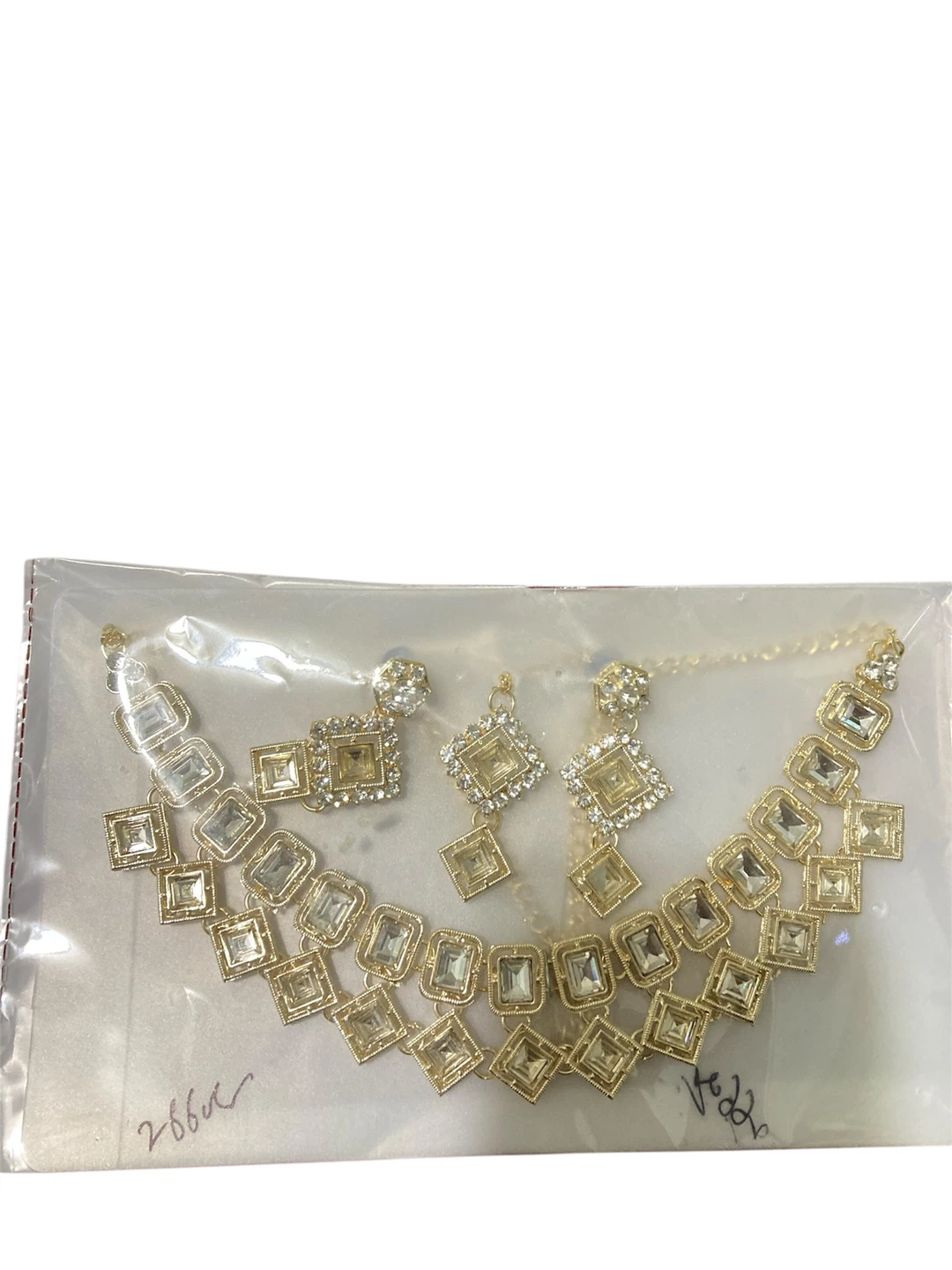 Gold Tone Square Gemstone Necklace and Earring Set
