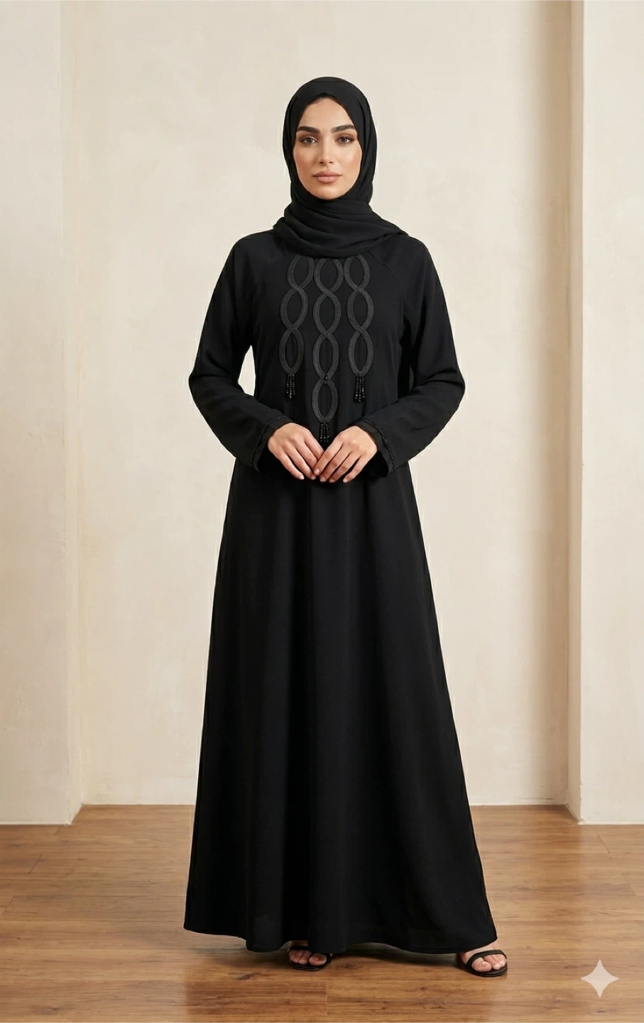 Black Abaya with Embellished Neckline
