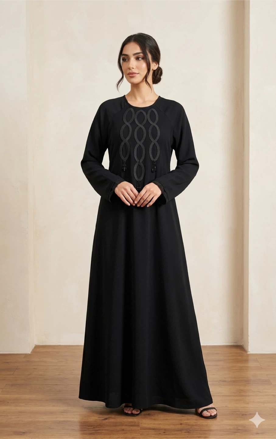 Black Abaya with Embellished Neckline - photo 2