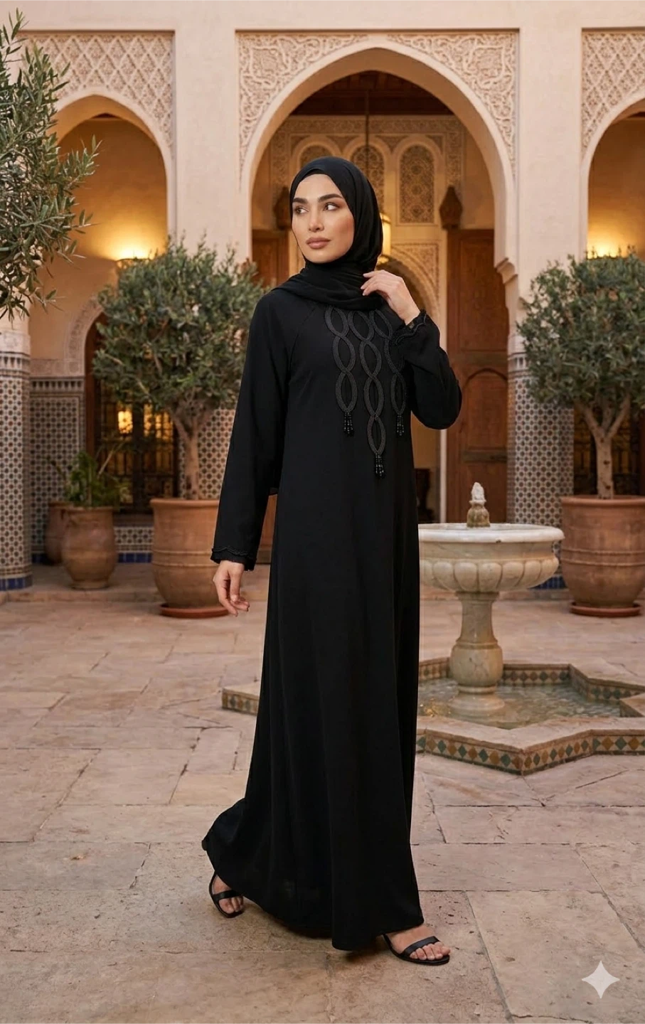 Black Abaya with Embellished Neckline - photo 3