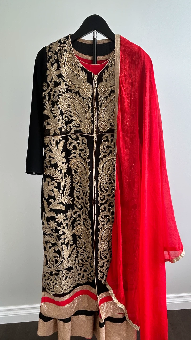 EID SALE! Black & Red Layered Anarkali Dress with Dupatta