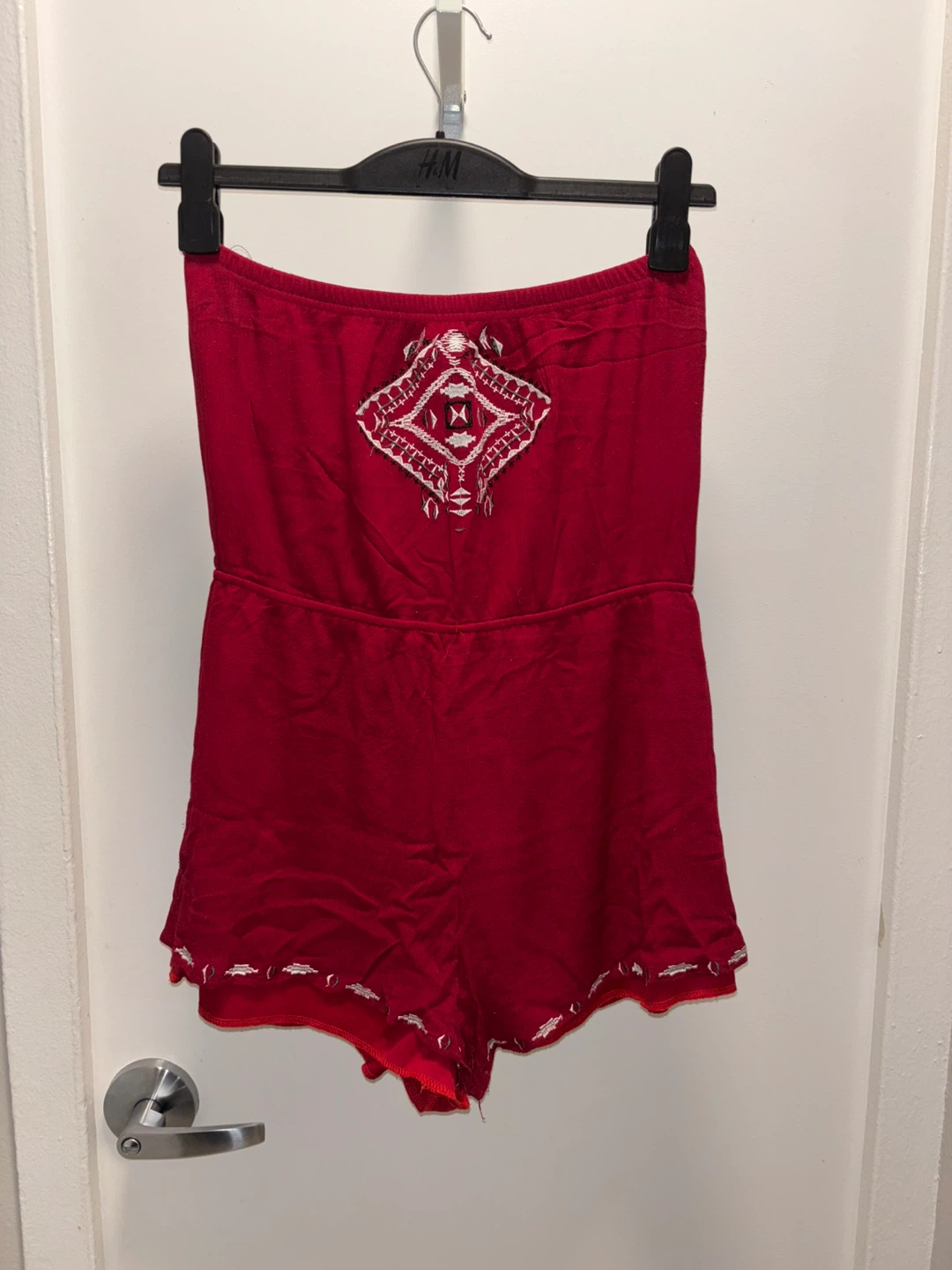 Red Strapless Romper with Embroidery Size L