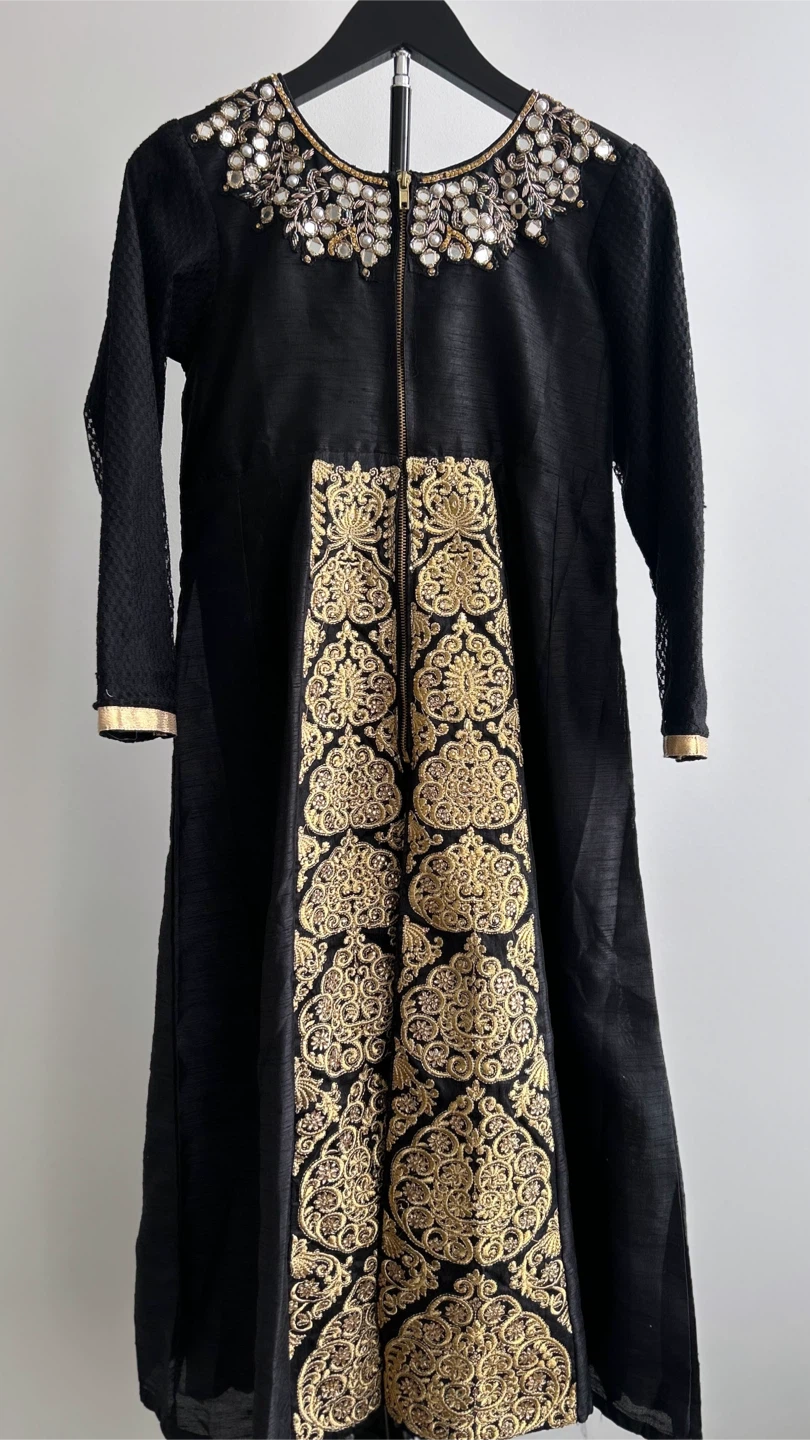 EID SALE! Black Anarkali Set with Gold Embroidery & Mirror Work - photo 3