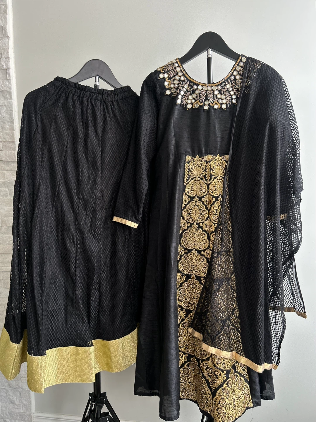 EID SALE! Black Anarkali Set with Gold Embroidery & Mirror Work - photo 2