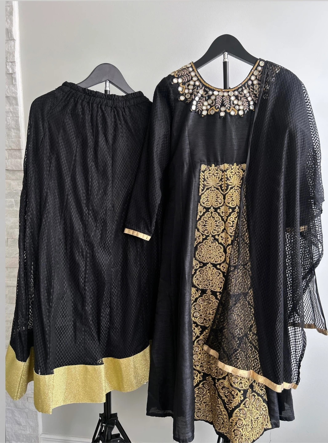 EID SALE! Black Anarkali Set with Gold Embroidery & Mirror Work