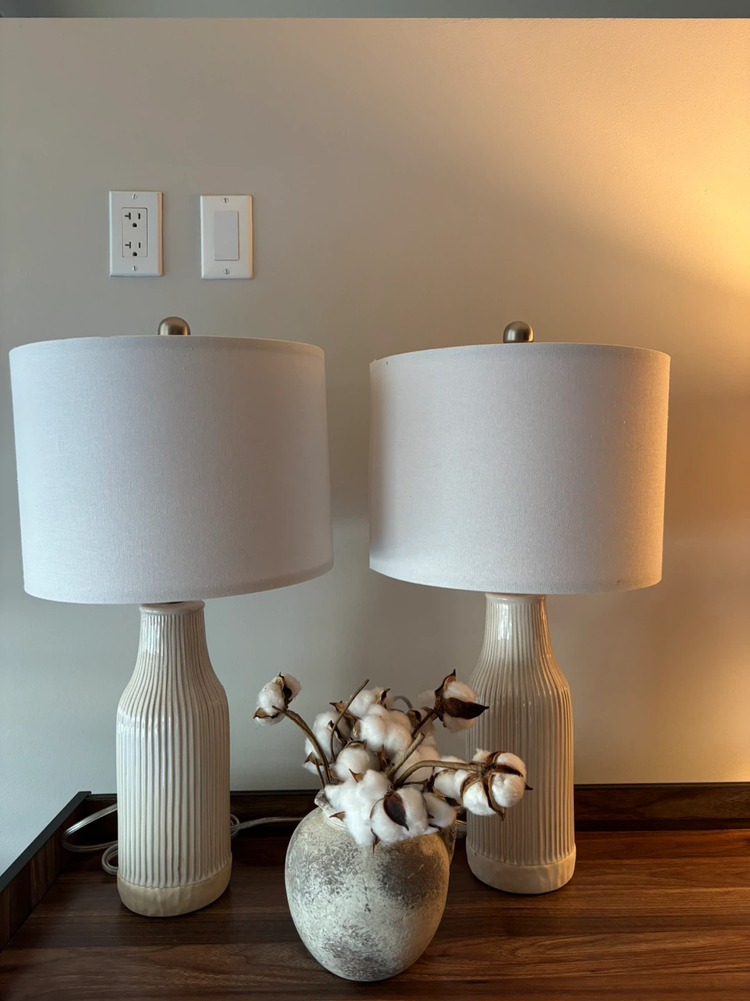 Pair of Ceramic Table Lamps with White Fabric Shades
