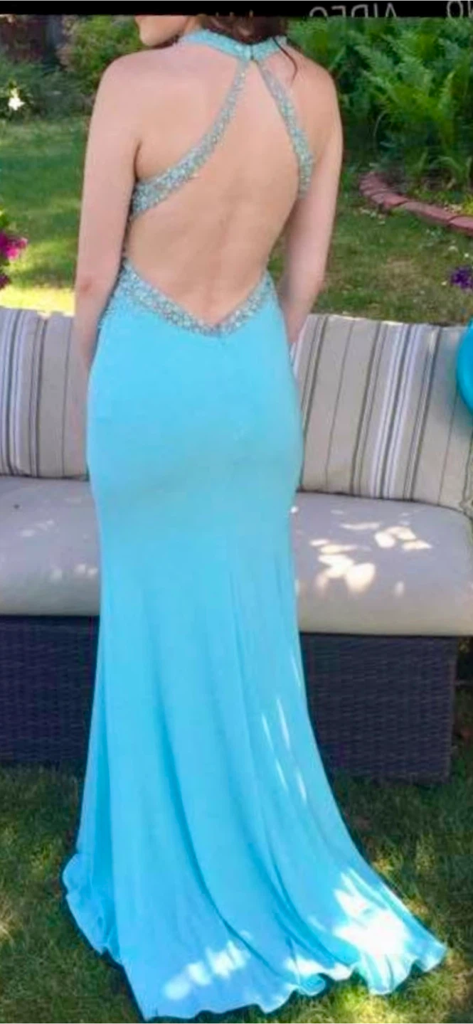 Teal Beaded Halter Prom Dress - photo 5