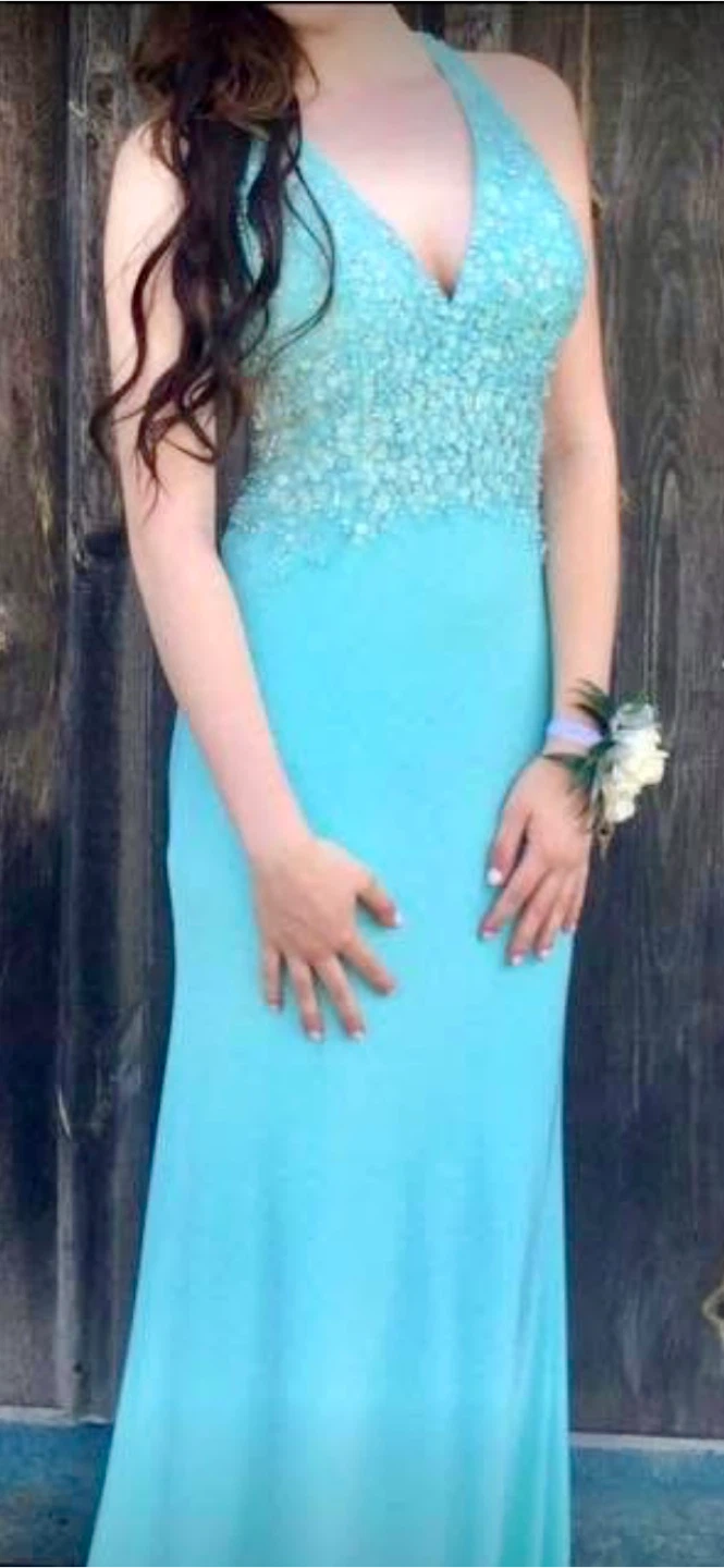 Teal Beaded Halter Prom Dress - photo 3