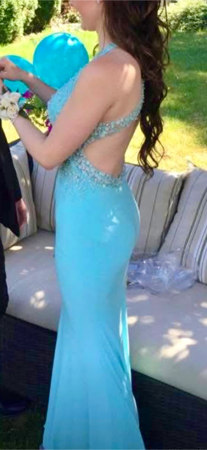 Teal Beaded Halter Prom Dress - photo 4
