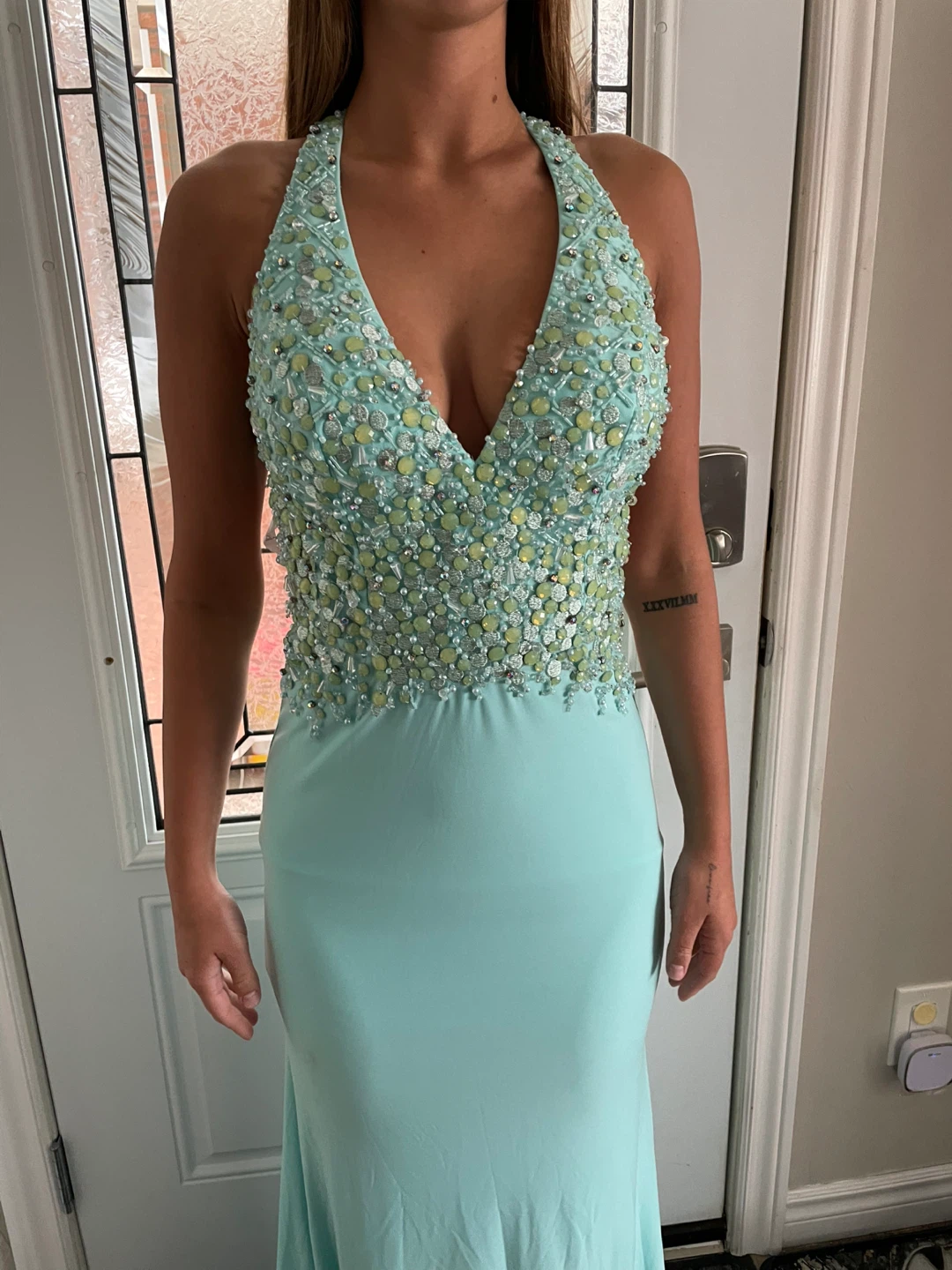 Teal Beaded Halter Prom Dress