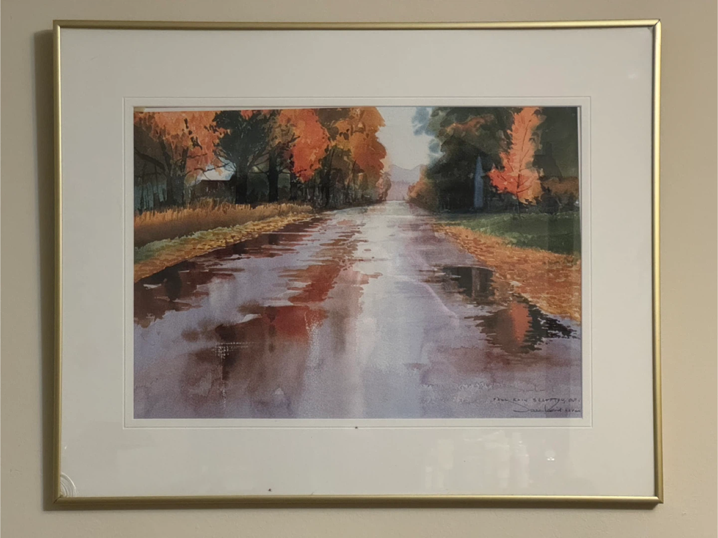 Framed Watercolour Painting of Autumn Road