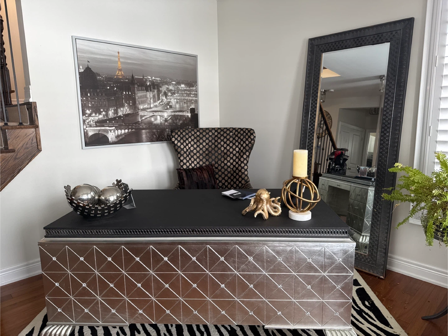 Silver and Black Desk with Decorative Trim